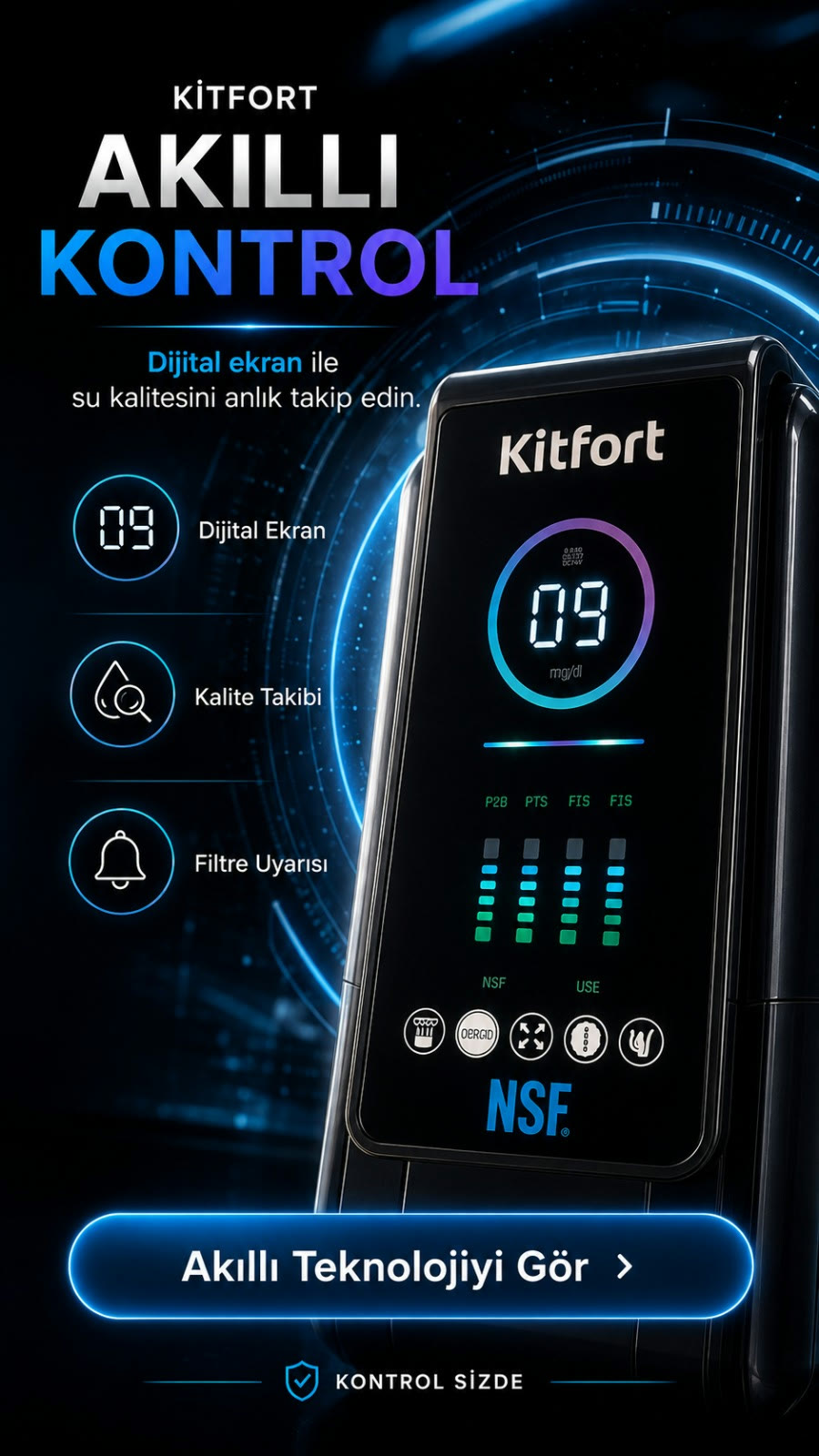 Kitfort Quantum Plus akıllı kontrol: dijital ekran, kalite takibi ve filtre uyarısı
