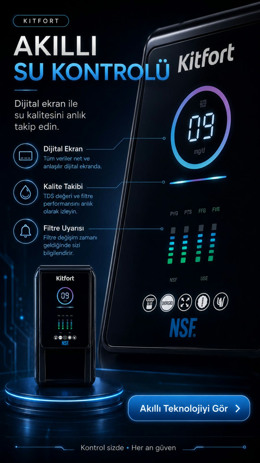 Kitfort Quantum Plus dijital ekranıyla su kalitesi, TDS değeri ve filtre uyarısını anlık takip